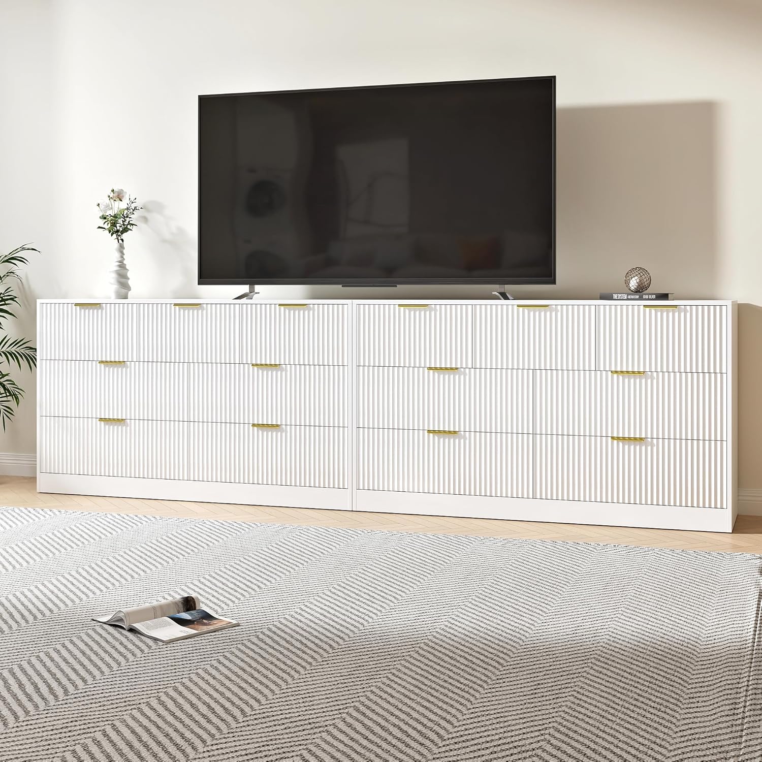 Drawer Dresser White - # Weißes Holz-Langkommoden-Set mit 14 Schubladen,