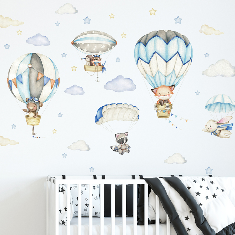 Baby Nursery Design - Cartoon Niedliche Tiere Heißluftballon Wandaufkleber für
