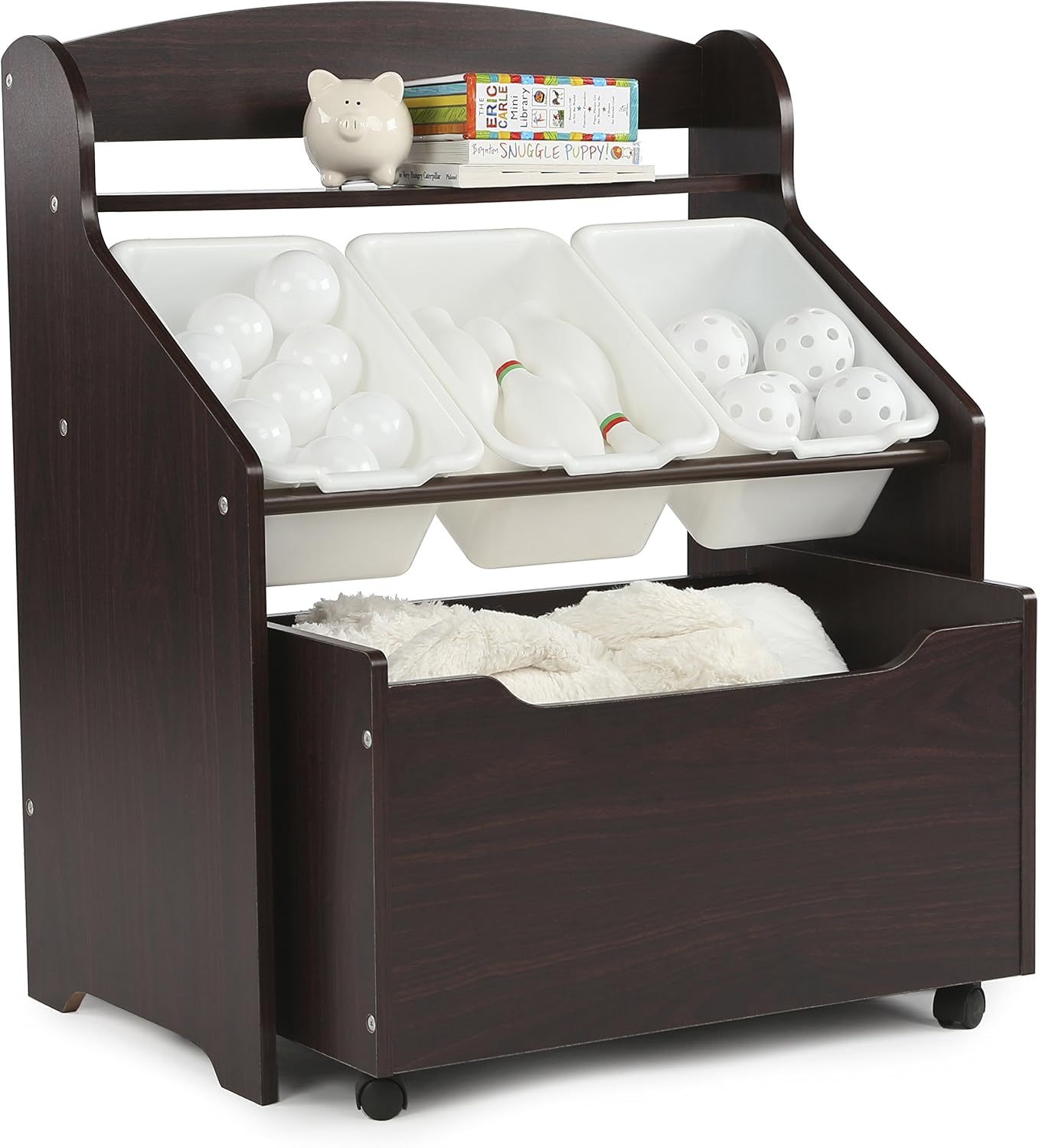 Baby Nursery Bookshelf - 3-in-1 Kinder-Bücherregal Spielzeug-Aufbewahrungsorganizer Espresso Rollender Spielzeugkasten