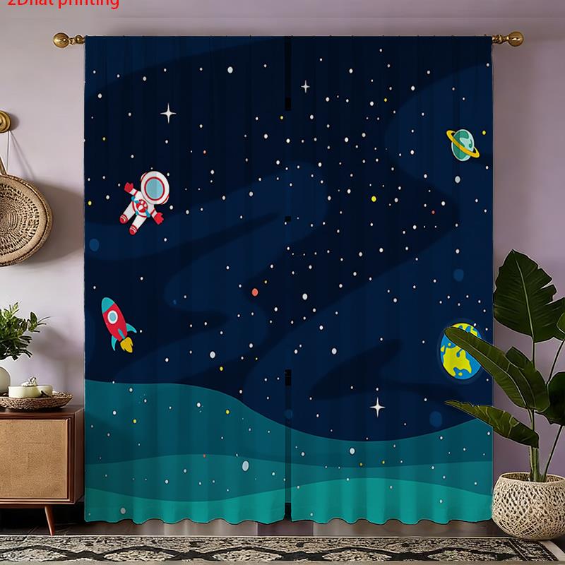 Baby Nursery Blackout Curtains - Cartoon-Weltraum-Astronauten-Vorhänge, Kinder-Galaxie-Raketen-Druckvorhänge, Schlafzimmer-Fensterdekoration für Jungen- und