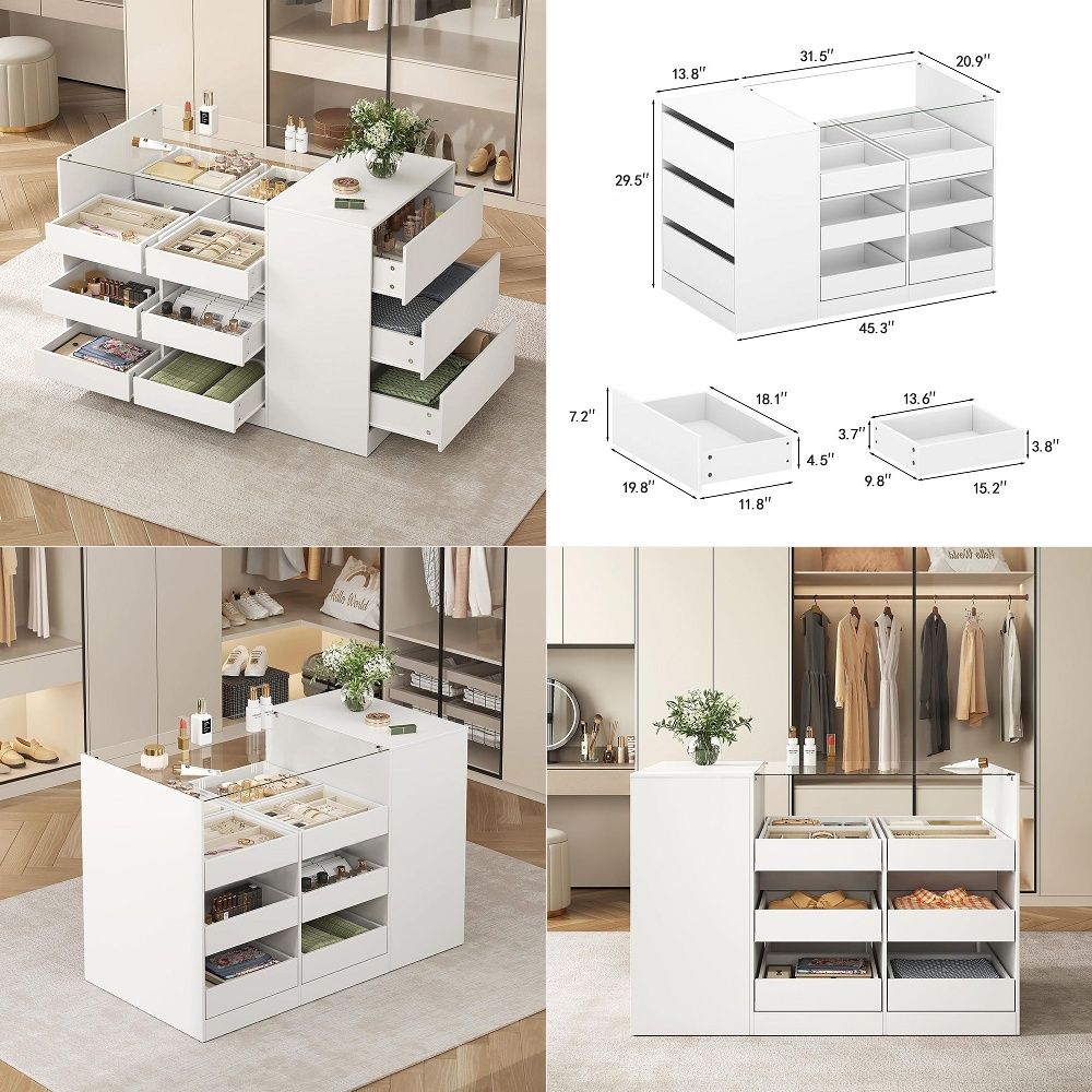 Drawer Dresser White - Kleiderschrankinsel mit Schubladen, Schlafzimmerinsel, Glasvitrine mit