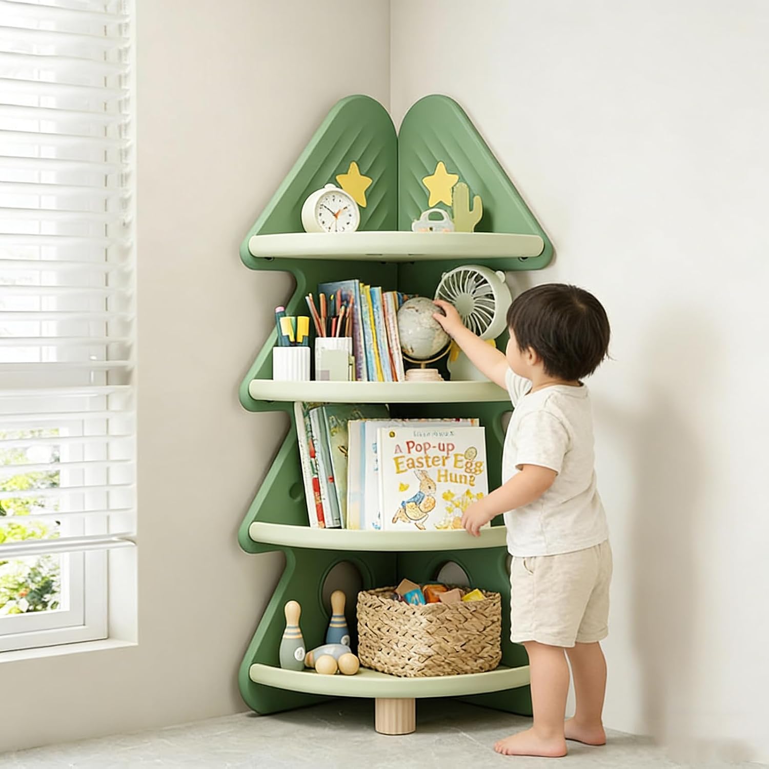 Baby Nursery Bookshelf - 4-stöckiges Eck-Bücherregal Spielzeug-Aufbewahrungsorganizer Baumregal Montessori-Regal Kinderzimmer