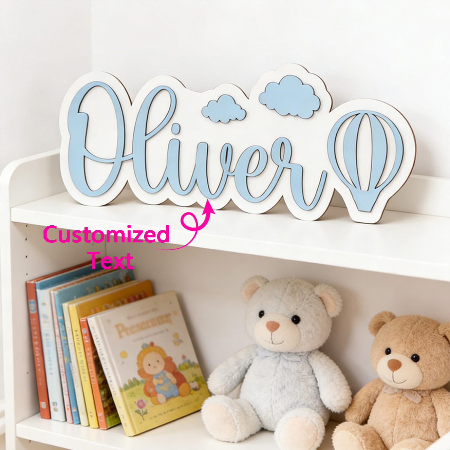 Baby Nursery Baby - Personalisiertes Heißluftballon- & Wolken-Namensschild, Anpassbare Pastellblaue