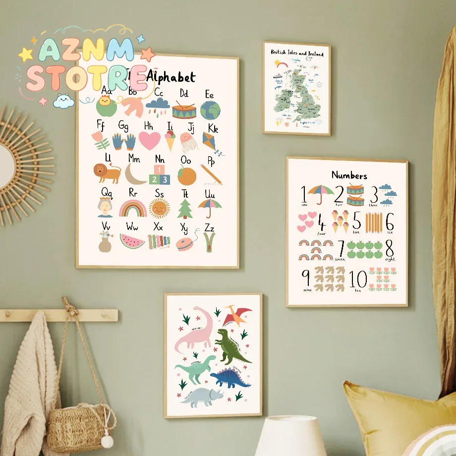 Baby Nursery Design - Tierweltkarte Dinosaurier Alphabet Zahlen Leinwand Wandkunst