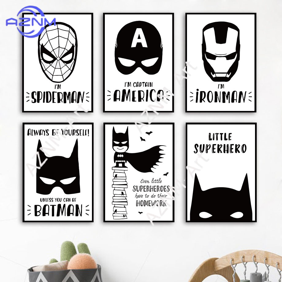 Baby Nursery Boy - Wandkunst Leinwanddruck Fledermaus Comic Schwarz-Weiß Superhelden-Film