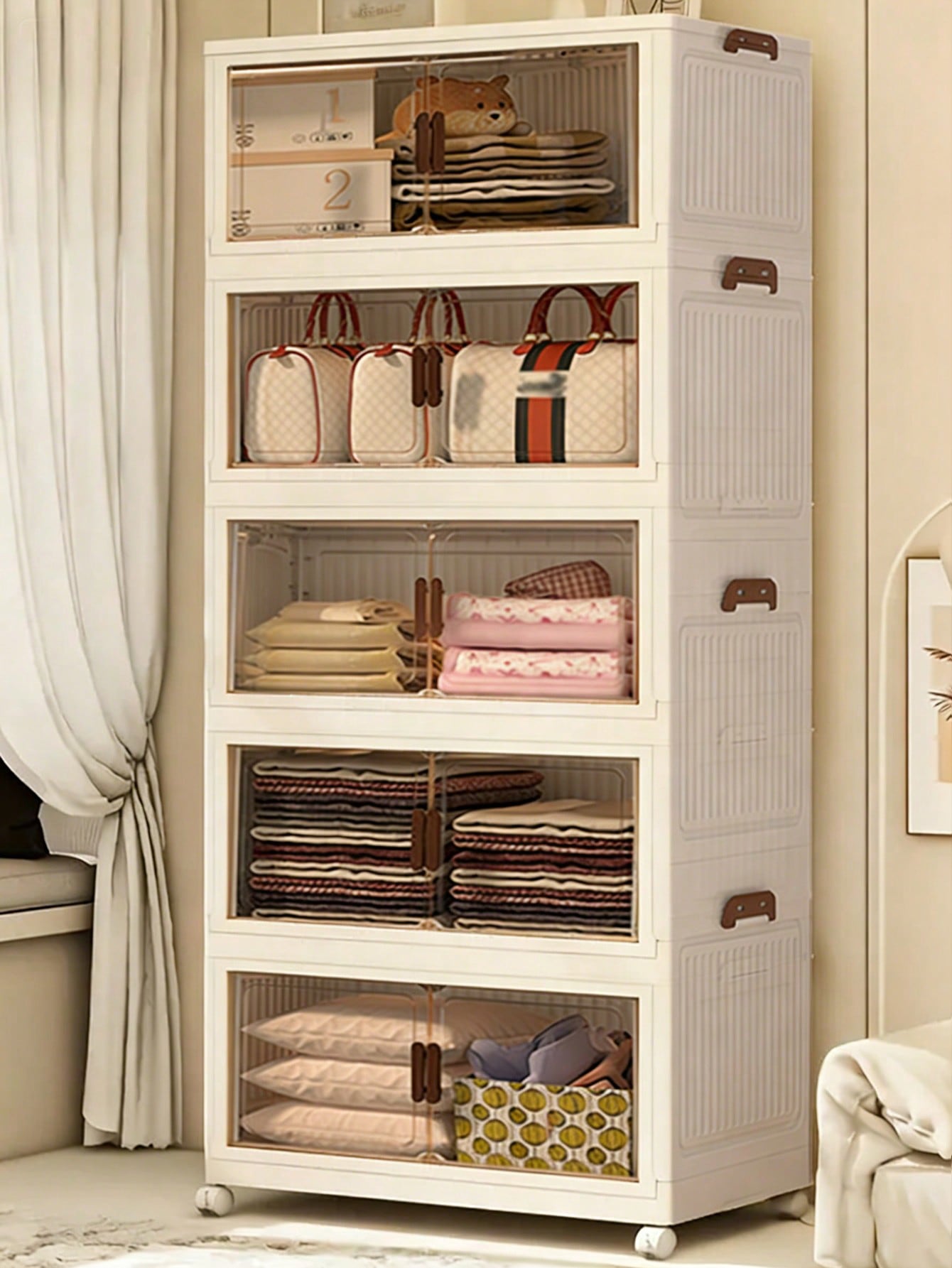 Drawer Dresser White - 5-stufiger faltbarer Aufbewahrungsschrank, modern, cremeweiß, stapelbare