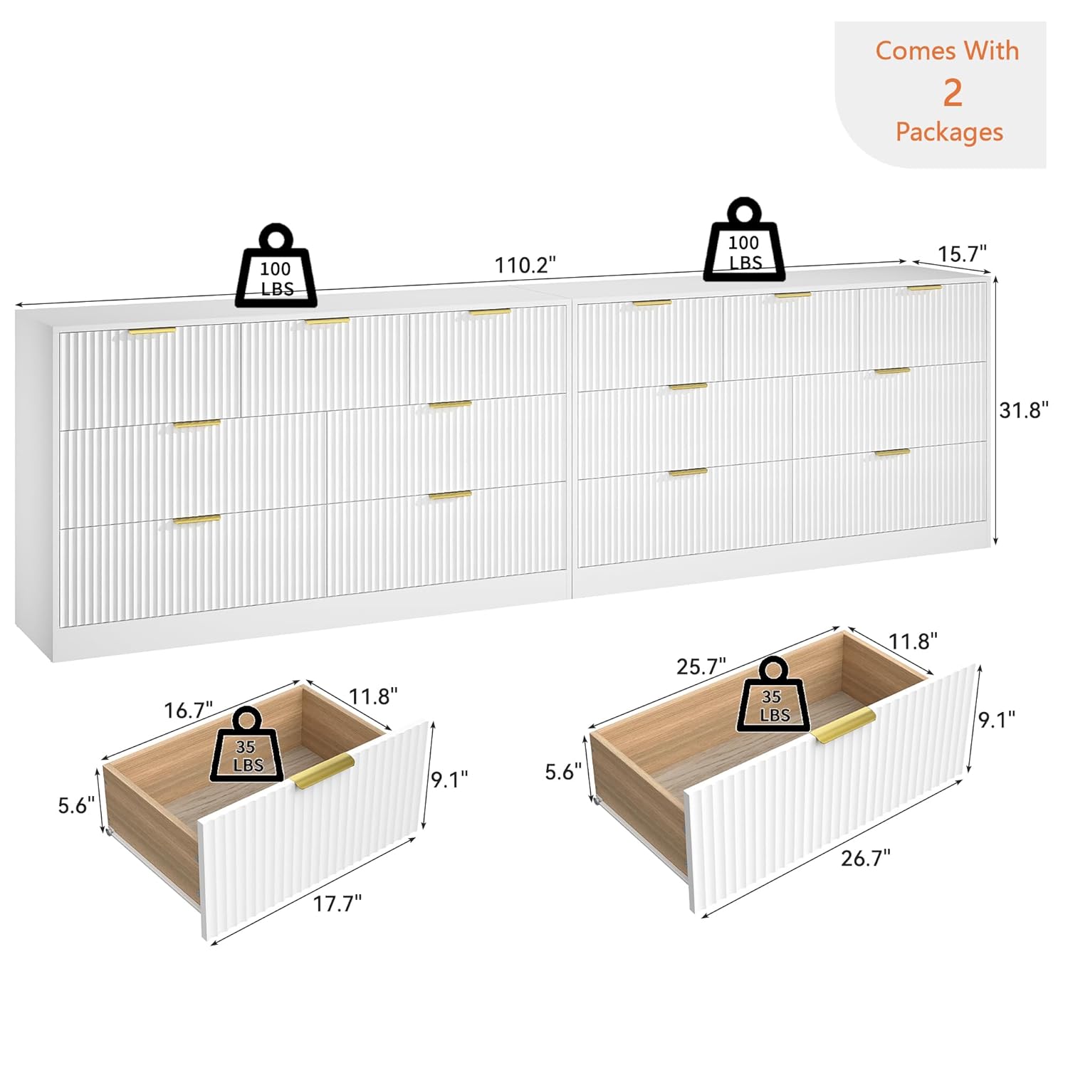 # Weißes Holz-Langkommoden-Set – Drawer Dresser White Bewertung und Preis