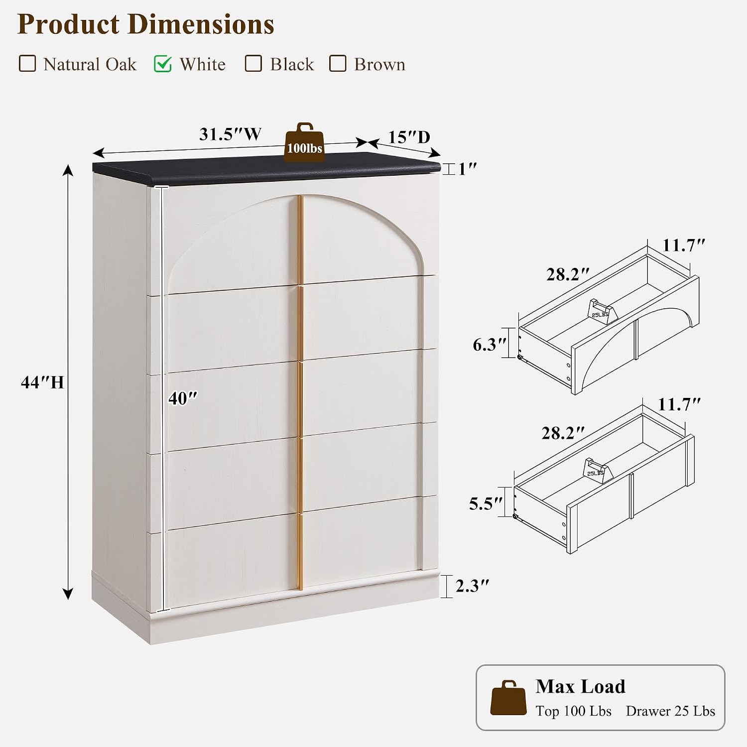 44 Zoll hohe Kommode mit 5 Sch – Drawer Dresser White Bewertung und Preis